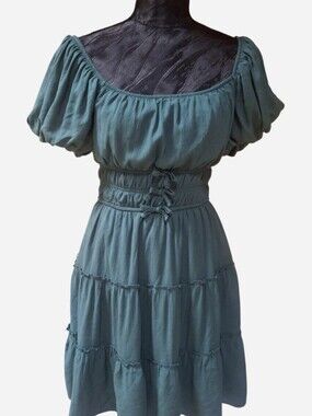 Trixxi Teal Puff Sleeve Tiered Mini Dress